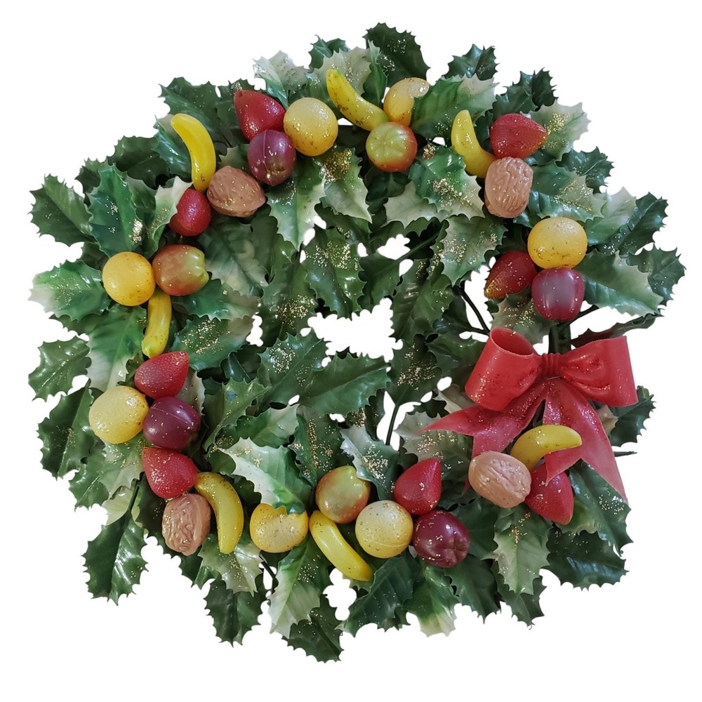 Christmas Wreath Vintage Plastic Fruit Nut Berries Holly Glitter Mid Century MCM